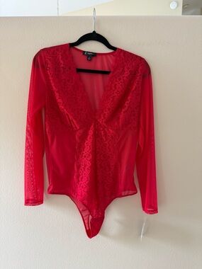 INC International Concepts Sheer Red Lace V-Neck Long Sleeve Bodysuit NEW